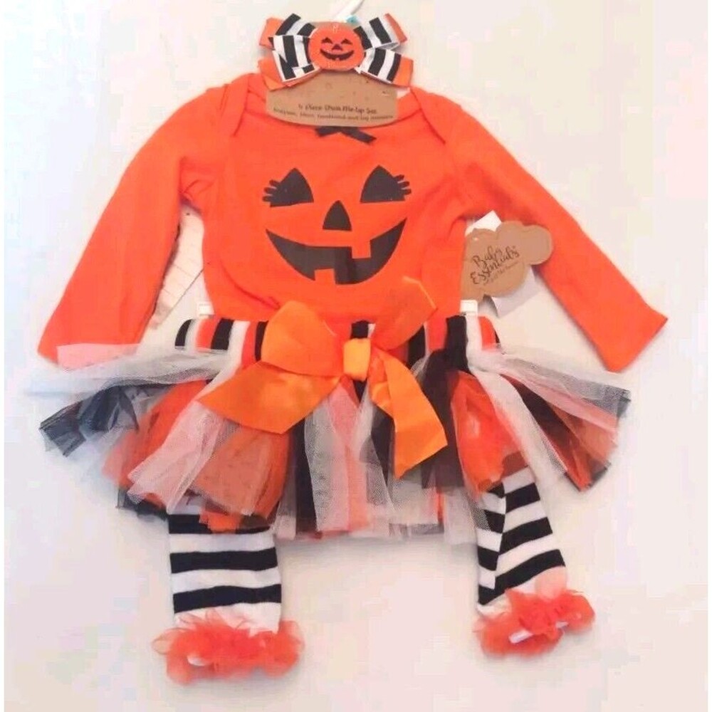 NWT Baby Essentials 4 Pc Fall/Halloween Set: Skirt Tutu Bow Top Leg warmers 3 Mo